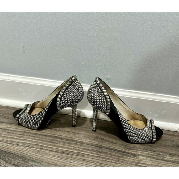Michael Kors ELLA PEEP‎ Toe Black White Silver Studded Leather Heel Shoe Sz 9 - Picture 6 of 8